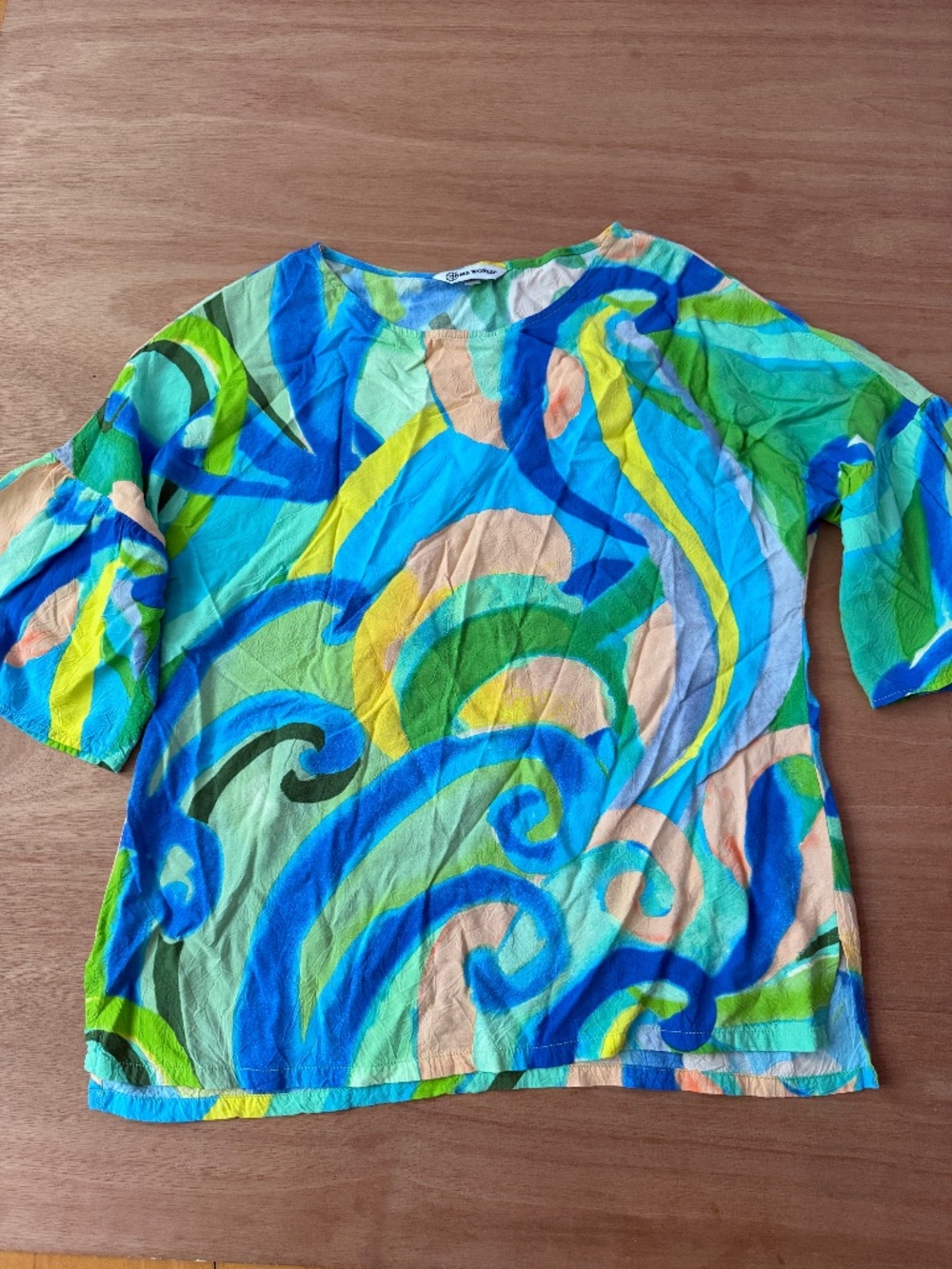 Jams World Velzyland top size XS rayon abstract 3/4 bell sleeve multicolor swirl